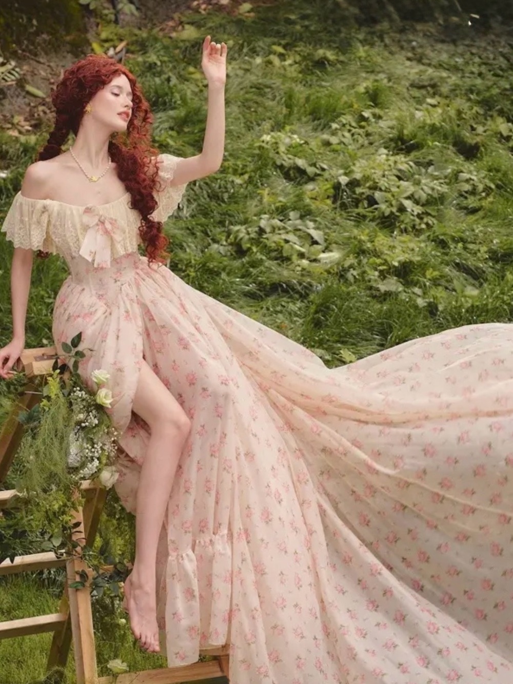 Off-Shoulder Floral Pink Chiffon Prom Gown